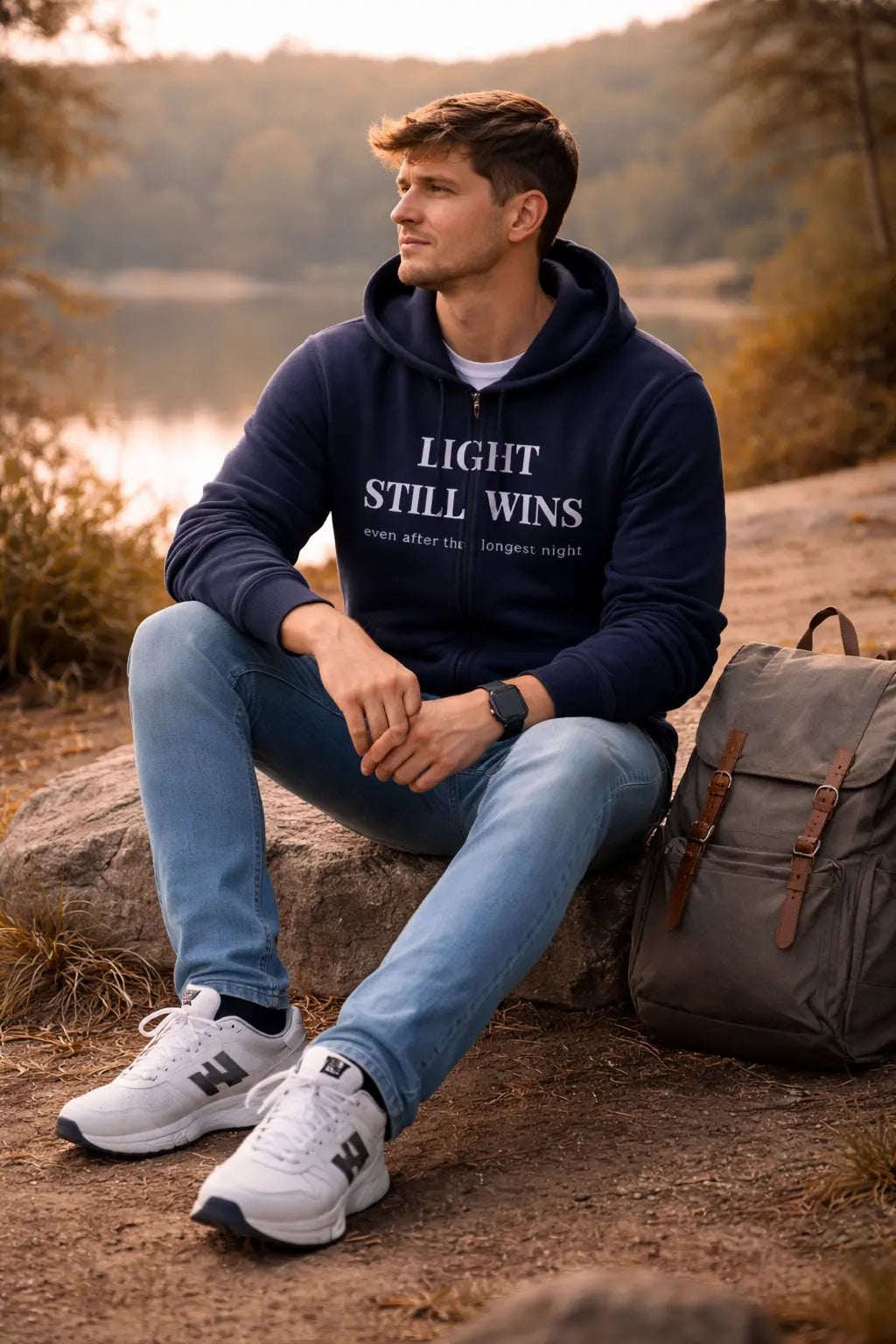 Contemplative moments by the lakeside on the Light Still Wins Zip Hoodie